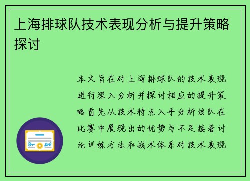 上海排球队技术表现分析与提升策略探讨